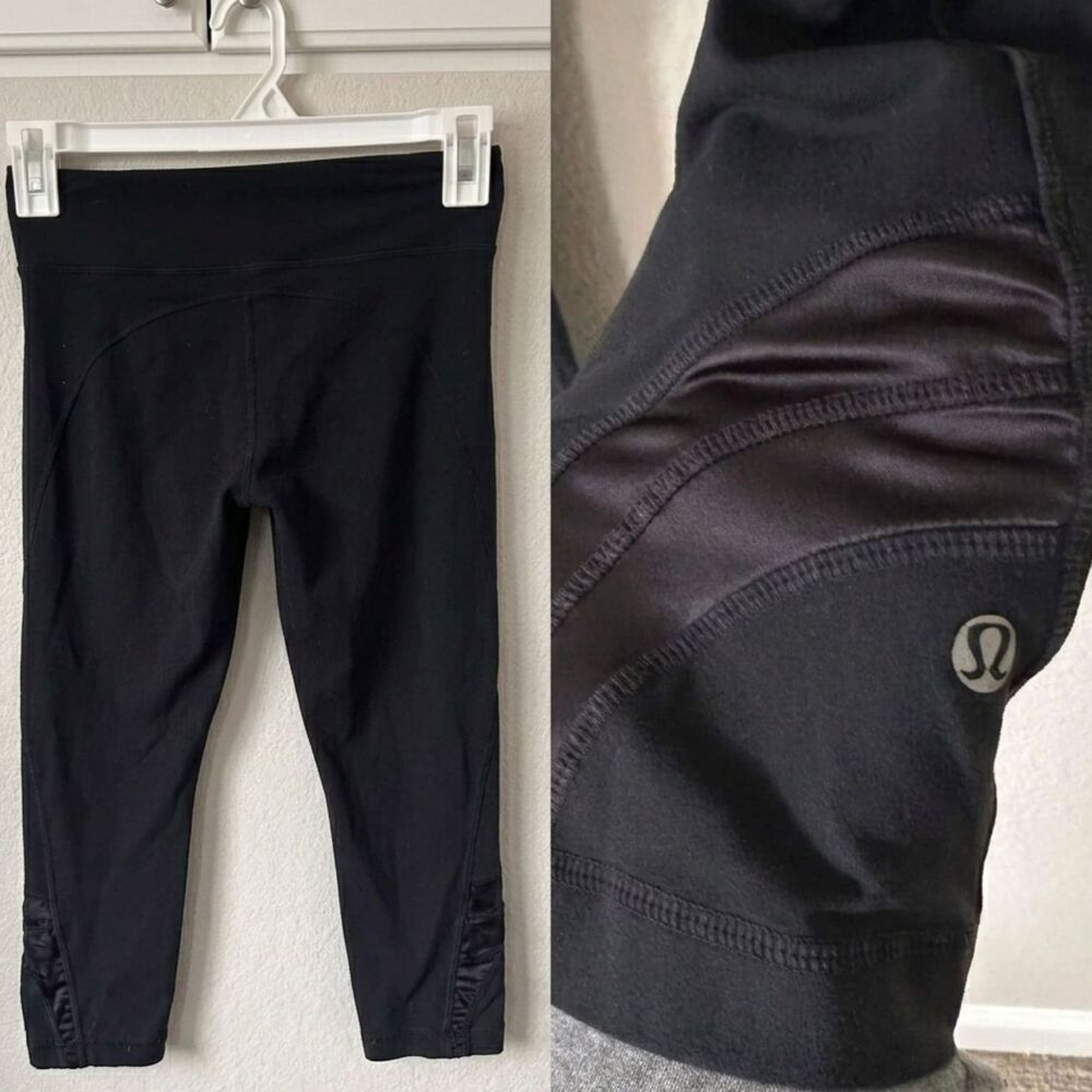 Lululemon Run Inspire Crop Leggings Black Satin Mesh Ruched Calf Mid Rise